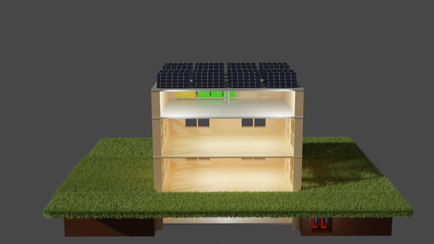 Cutaway render of an eco house: rooftop solar array and a ground-source heat pump