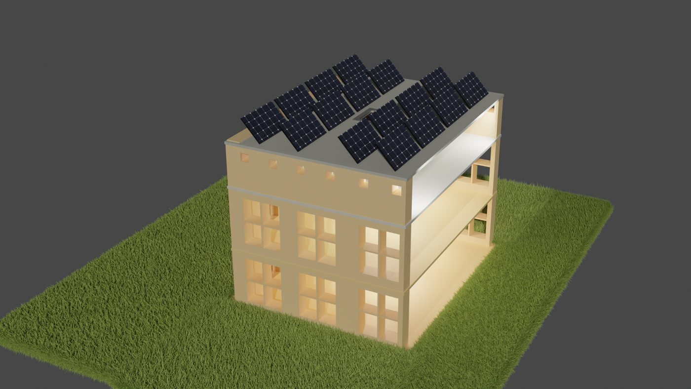 Isometric view of the eco house with solar panels on the roof