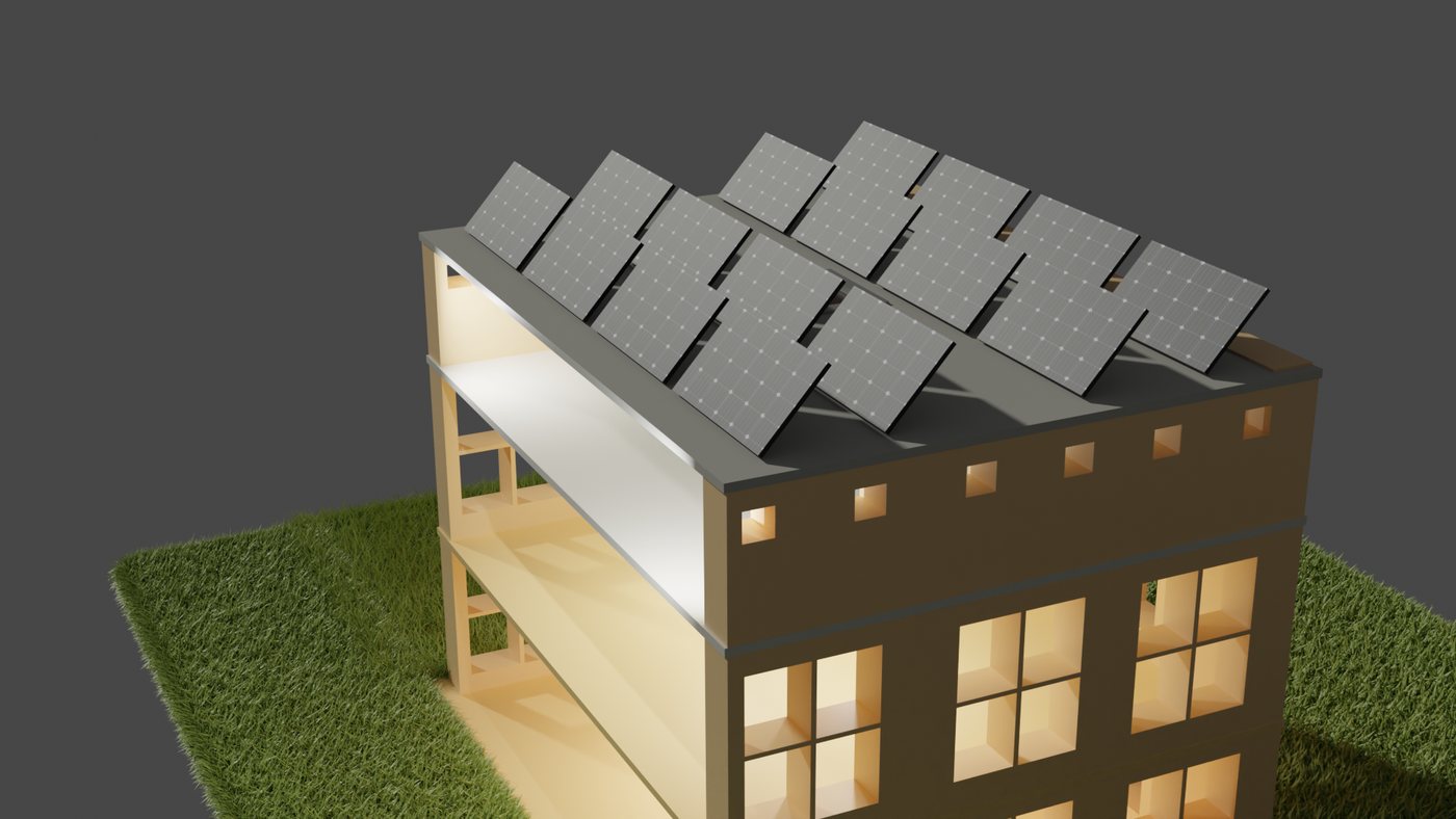 Close-up of the roof: a tilted array of solar panels