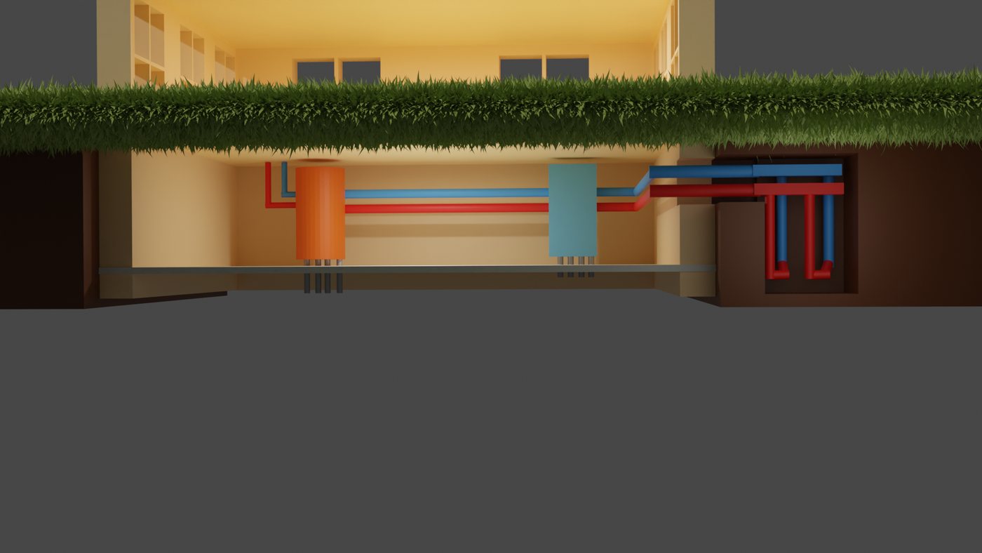 Underground level: heat pump, pipes and a storage tank